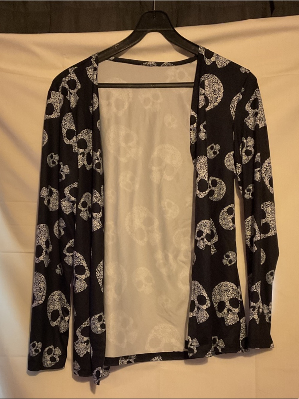Black Skull Print Open-Front Women's Cardigan